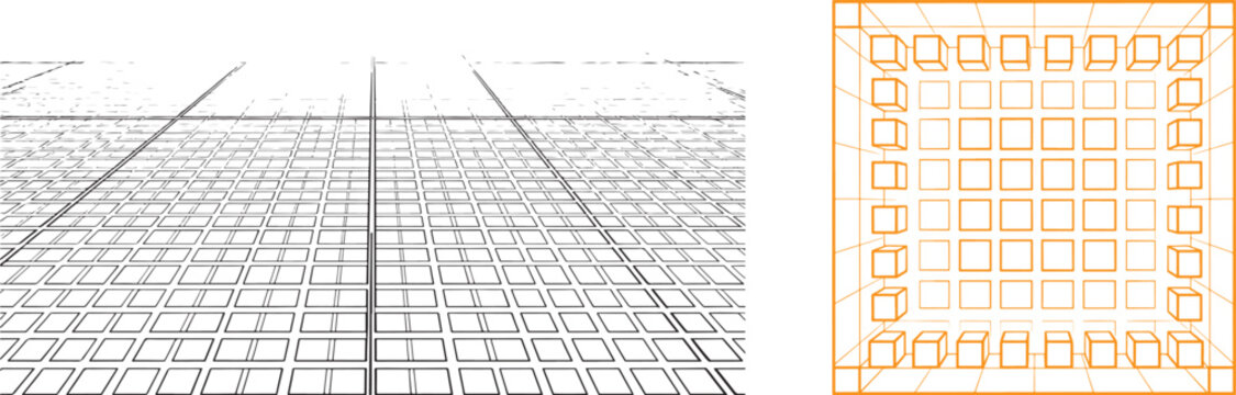 Perspective grid wireframe and 3D geometric cube structure vector for technical design and architectural background