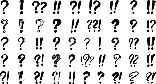 Hand Drawn Question Mark and Exclamation Point Icon Set with Grunge Brush Punctuation Symbols for Creative Typography and Expressive Graphic Designs