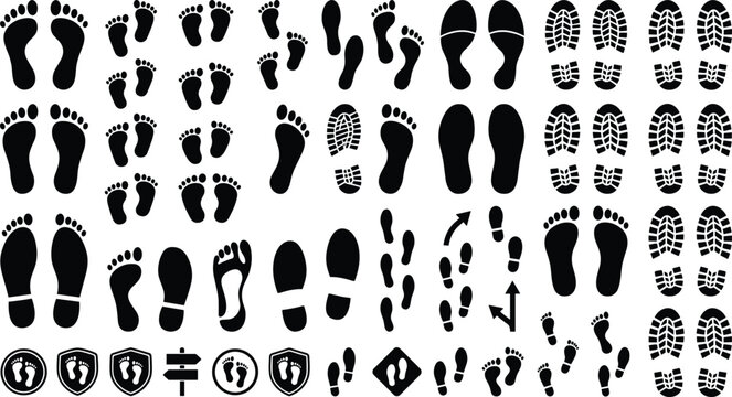 Human Footprint and Shoe Print Silhouette Icon Set with Barefoot Tracks, Boot Sole Textures, and Walking Direction Symbols for Infographics