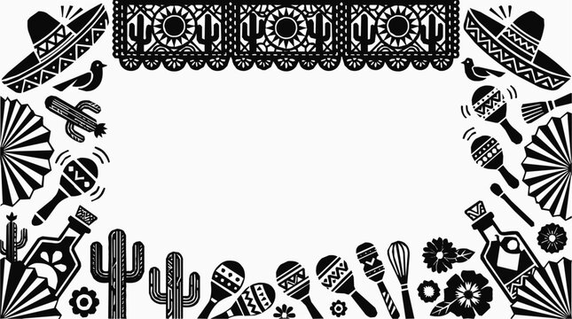 Traditional Mexican fiesta border design featuring a sombrero, maracas, cactus, and papel picado for a festive Cinco de Mayo celebration frame