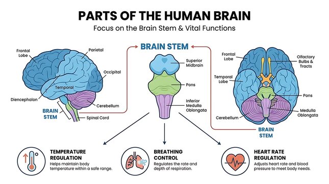 Human brain stem anatomy and vital biological functions infographic