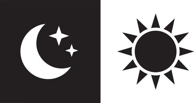 Day and night weather icons featuring a sun and crescent moon with stars in flat vector style