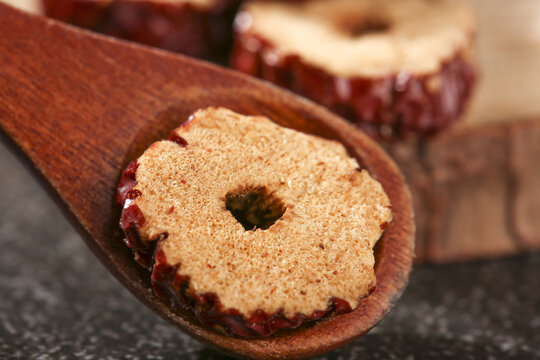 Ruoqiang Jujube Slices from Xinjiang - Traditional Chinese Healthy Food on Wooden Spoon