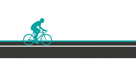 Fototapeta premium A minimalist graphic illustration of a teal cyclist riding a bicycle on a road with horizontal stripes against a white background.