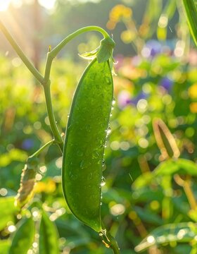 Fresh green pea pod growing on a vine in morning sunlight with dew drops.