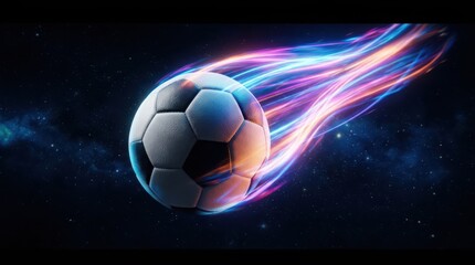 Fototapeta premium Soccer ball flying through space with a glowing neon light trail in a dynamic cinematic style