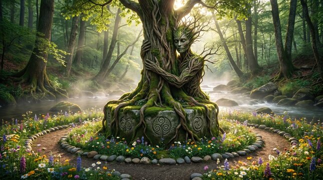 Mythical dryad woman made of bark and roots hugging ancient tree in magical forest. Fantasy spirit of nature protecting woodland ecosystem. Symbol of environmental conservation and earth day.