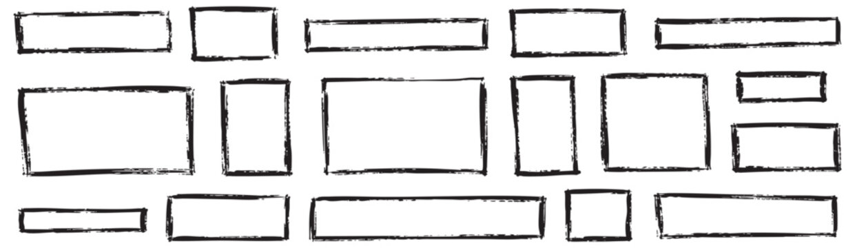 Collection of 12 rectangular and square hand-drawn brush stroke frames in black and white sketch style on plain background.