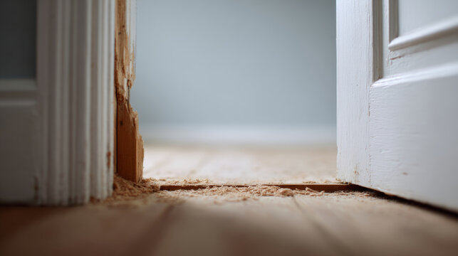 Close-up of damaged wooden door frame
