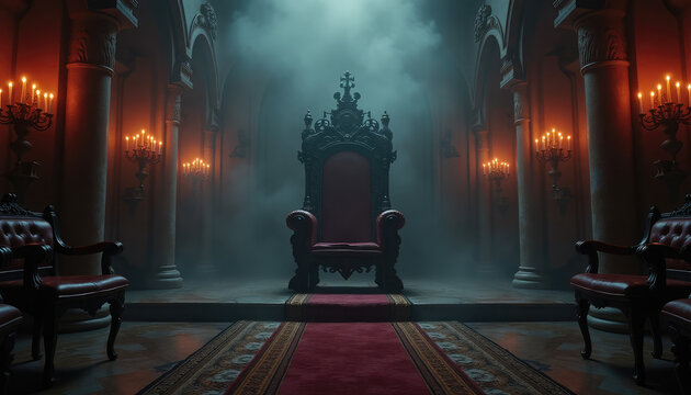 Royal throne in dark gothic palace interior. Majestic chair on stone floor with red carpet. Mysterious hall with candlelight and smoke. Fantasy kingdom and historic medieval castle atmosphere.