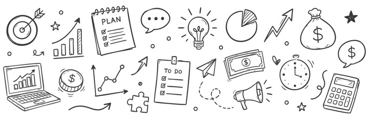 hand-drawn doodle collection featuring clocks, gears, lightbulbs, money, and productivity symbols on white background. © Zbrake Studio