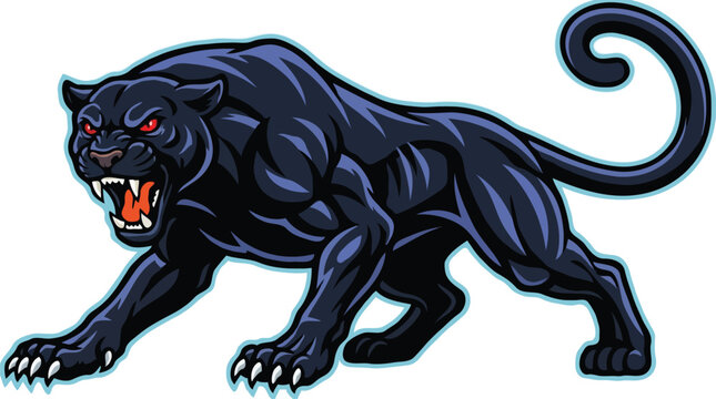 Aggressive black panther mascot logo prowling forward with fierce open jaws and sharp claws