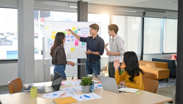 Project team brainstorming ideas on a whiteboard in a modern office meeting
