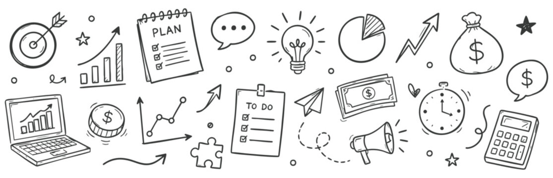 hand-drawn doodle collection featuring clocks, gears, lightbulbs, money, and productivity symbols on white background.