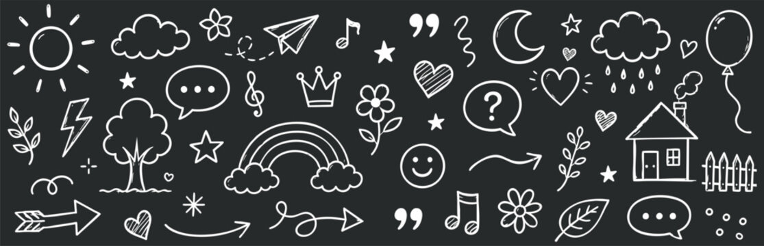 Collection of white chalk-drawn speech bubbles, question marks, light bulbs, and communication symbols on a textured black background.