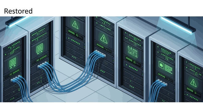 servers in a data center with blue cables.