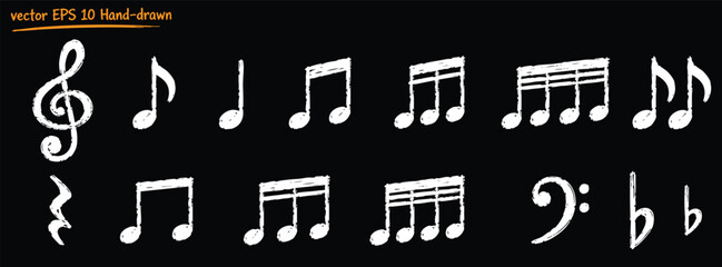 Collection of hand-drawn chalk musical notes, rests, sharps, flats, and clefs on a textured blackboard background. © Zbrake Studio