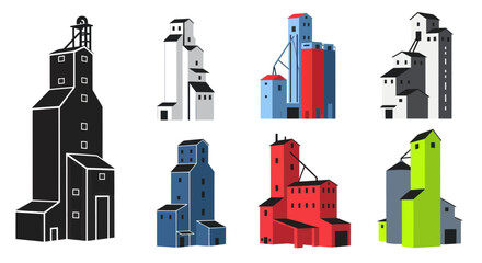 Industrial grain elevator silhouettes and colorful agricultural icons © noval
