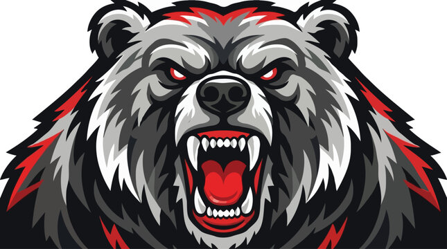 Fierce roaring grizzly bear head close up mascot logo illustration with glowing red eyes