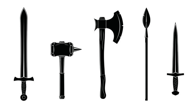 Medieval weapon silhouettes including sword axe spear and hammer
