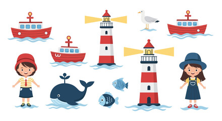 Naklejka premium Nautical collection with lighthouses boats sea animals and children
