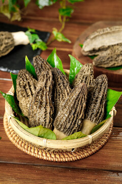 Fresh Morel Mushrooms in Wicker Basket on Rustic Wooden Table - Premium Edible Fungi for Gourmet Cooking