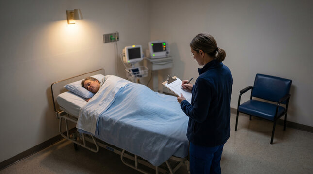 Night clinical study room with bedside documentation and resting patient