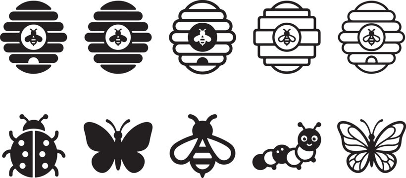 Set of insect and beehive icons featuring ladybug butterfly caterpillar and bee silhouettes in vector format