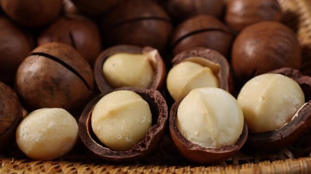  Close up of peeled macadamia nuts texture background.