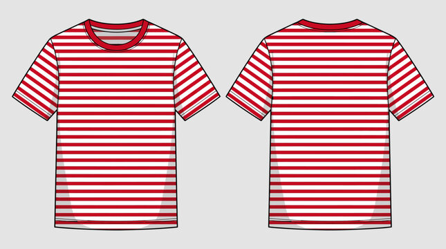 Front and back view of red and white striped T-shirts on a light gray background.