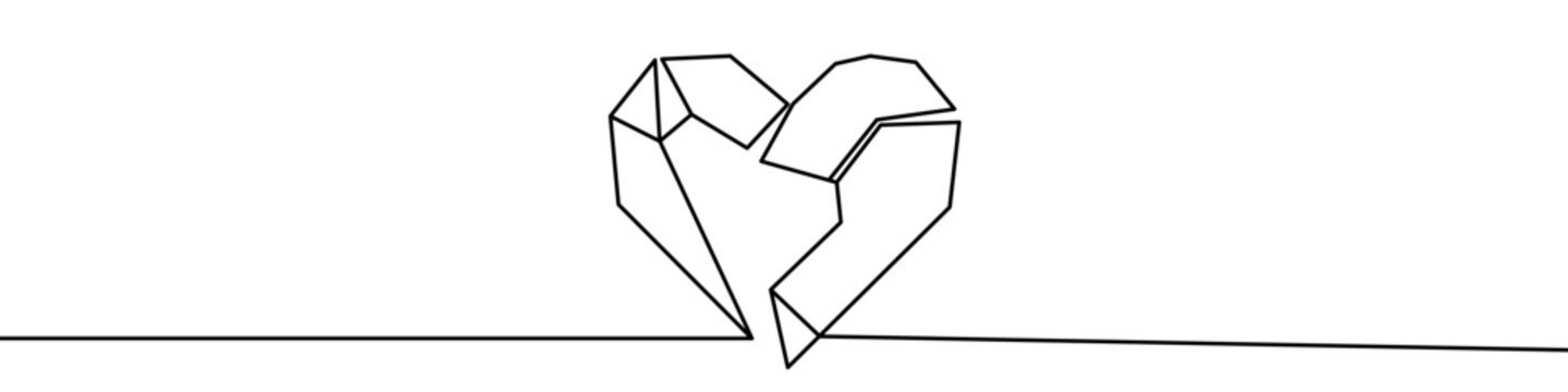 Geometric heart in one line art style. Drawing of a heart in origami or low poly technique with editable black stroke on a white background. Vector illustration.