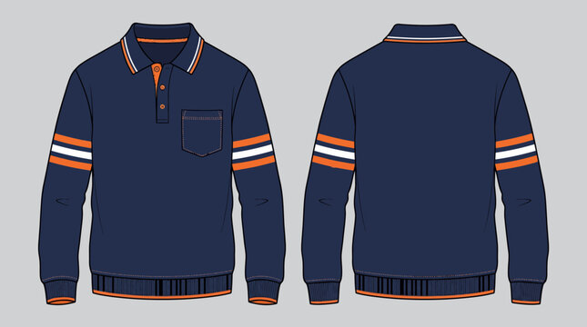 Front and back view of a navy blue long-sleeved polo shirt with orange and white stripes on a gray background.