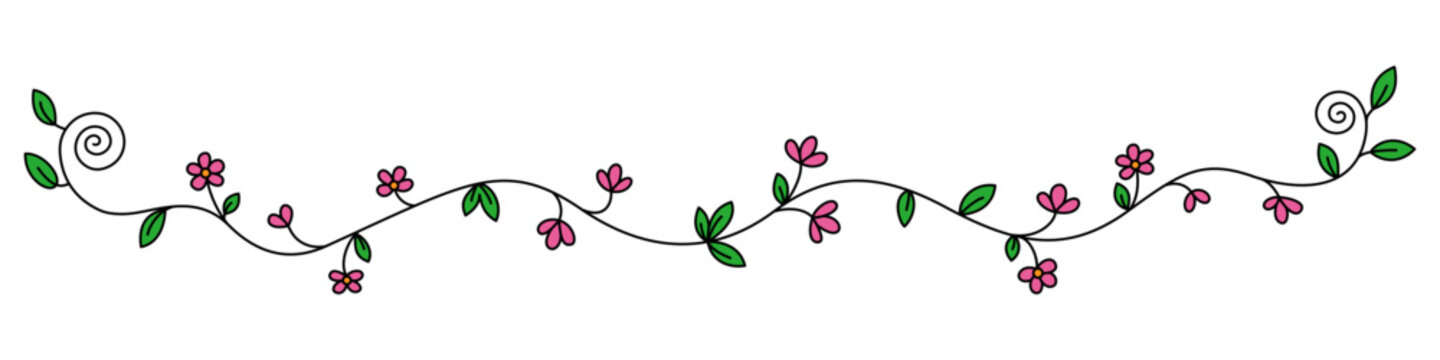 Decorative colored floral border with pink flowers and green leaves. Vine drawing with editable black stroke on white background. Vector illustration.
