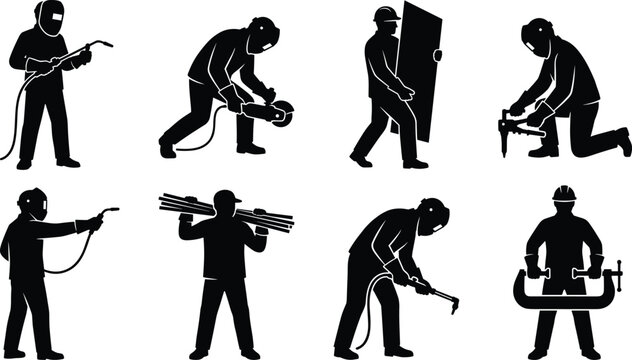 Industrial Worker Silhouette Collection Featuring Welding, Grinding, Hammering, Drilling, and Heavy Equipment Tasks