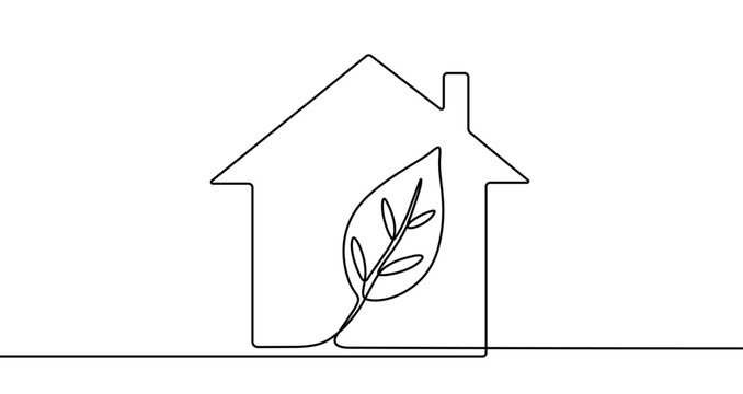 Silhouette of a house with a leaf inside, drawn with one continuous line.
