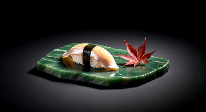 a single piece of kobujime tai (kelp-cured sea bream nigiri). the cured fish showing delicate texture, resting on rice, on a polished slab of deep green nephrite jade 
