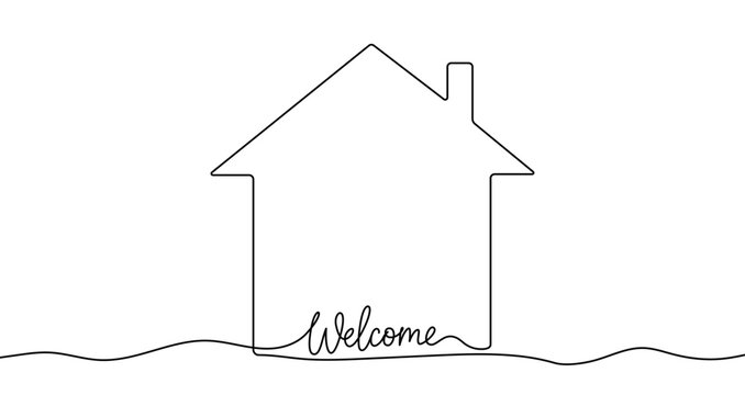 Silhouette of a house with the word "Welcome" inside, drawn with one continuous line. Symbol of hospitality. Vector illustration.