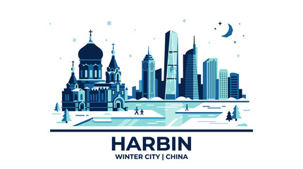 Obraz premium Harbin Winter Cityscape with Orthodox Cathedral, Modern Skyscrapers and Snowy Landscape China