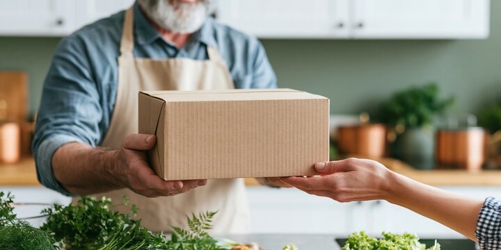 Man handing cardboard box to customer