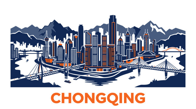 Chongqing Mountainous Cityscape with Skyscrapers, Bridges and River Confluence Illustration