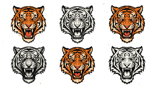 Angry Roaring Tiger Head Mascot Vector Set with Ferocious Wild Cat Faces and Fanged Growling Beast Logos for Sports Team Apparel Designs