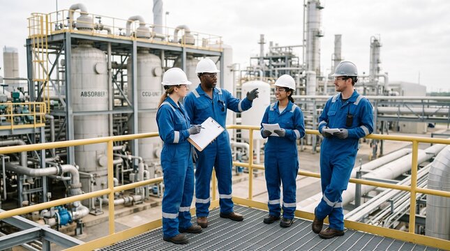 Shift Handover Portrait on Carbon Capture Platform Above Process Units