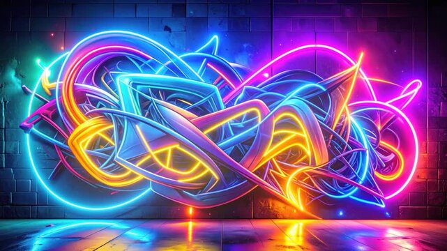 Abstract graffiti with vibrant neon light shapes, on textured wall