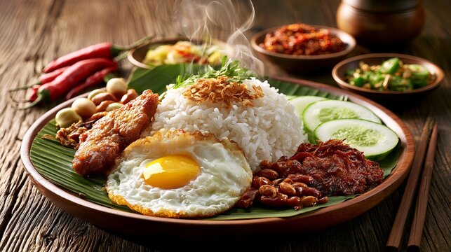 Close-up of traditional Indonesian nasi campur with fried egg and spicy side dishes on a rustic plate