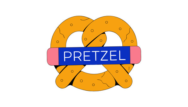 Very beautiful realistic vector of PRETZEL featuring a twisted baked shape with golden crust and a colorful label reading "PRETZEL", isolated on white background.