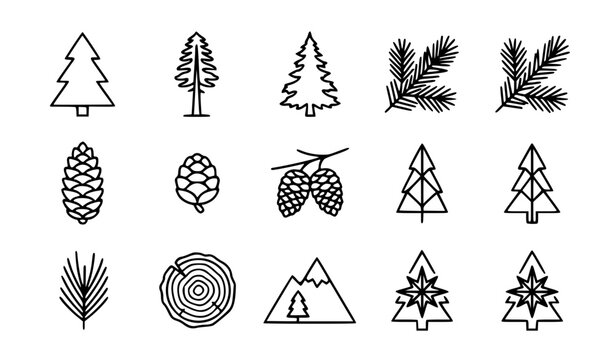 Alpine pine trees and cones vector icon set with simple bold line art classic spruce fir evergreen branch pinecone cluster and winter forest clip art black and white