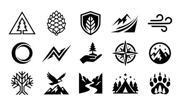 Modern abstract alpine pine tree symbol vector clipart set with minimalist clean outline adventure brand spruce pinecone monogram and seasonal logo graphics black and white