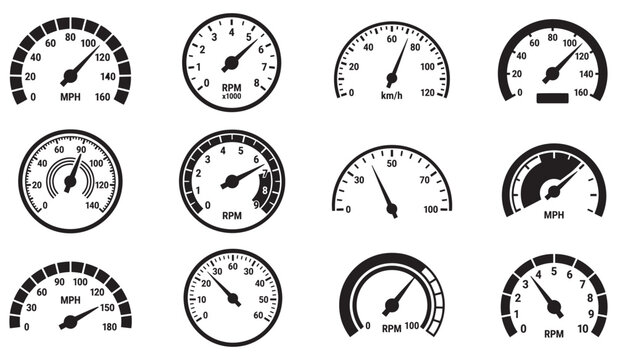 Speedometer Tachometer Gauge Icons Black and White Vector Set Isolated