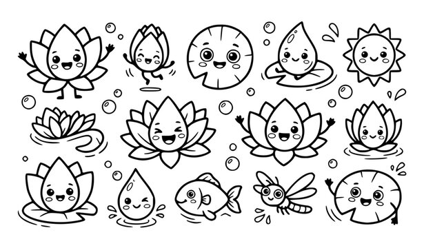 Cute kawaii blooming lotus flower character vector set with funny cartoon water lily pad and garden pond line art for kids