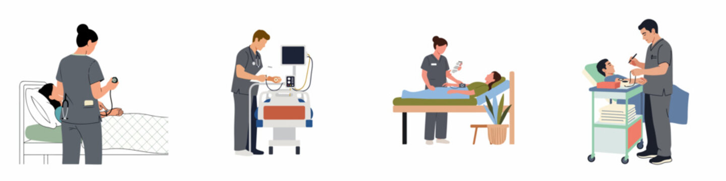 Set of medical professionals in scrubs caring for patients in hospital beds, flat vector illustration isolated on white background.